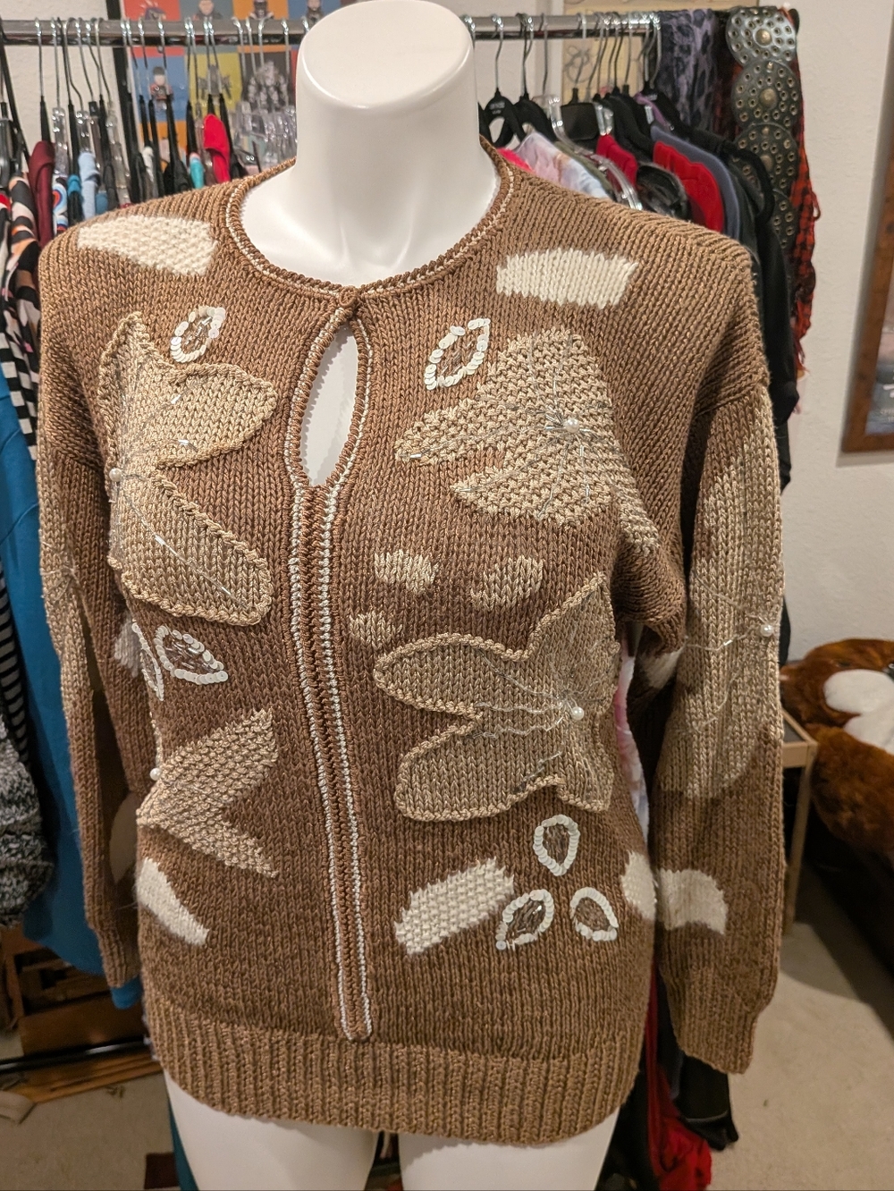 Vintage 80s Women’s Brown Floral Embellished Sweater - M